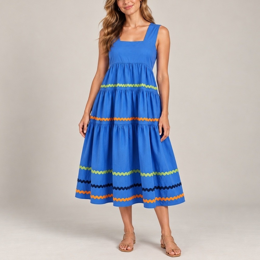 Anthropologie Helena Tiered Midi Dress S Blue Square Neck Boho